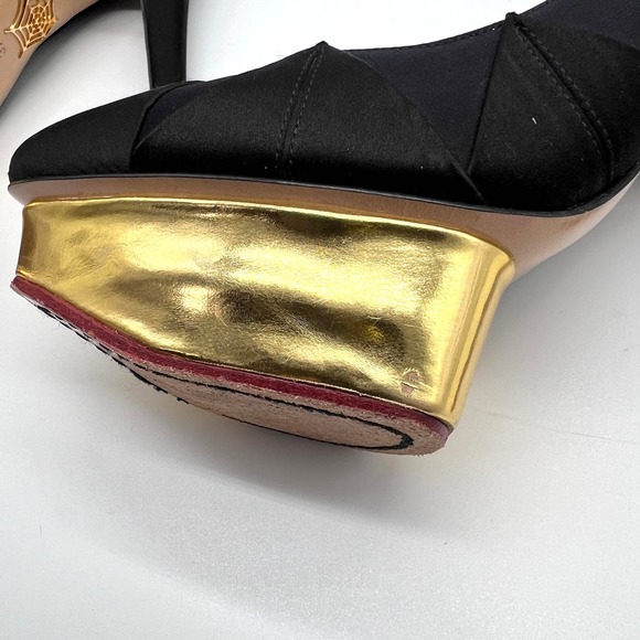 CHARLOTTE OLYMPIA Heels Womens 37 Black Gold Satin Pump Platform Ankle Strap - Picture 11 of 15
